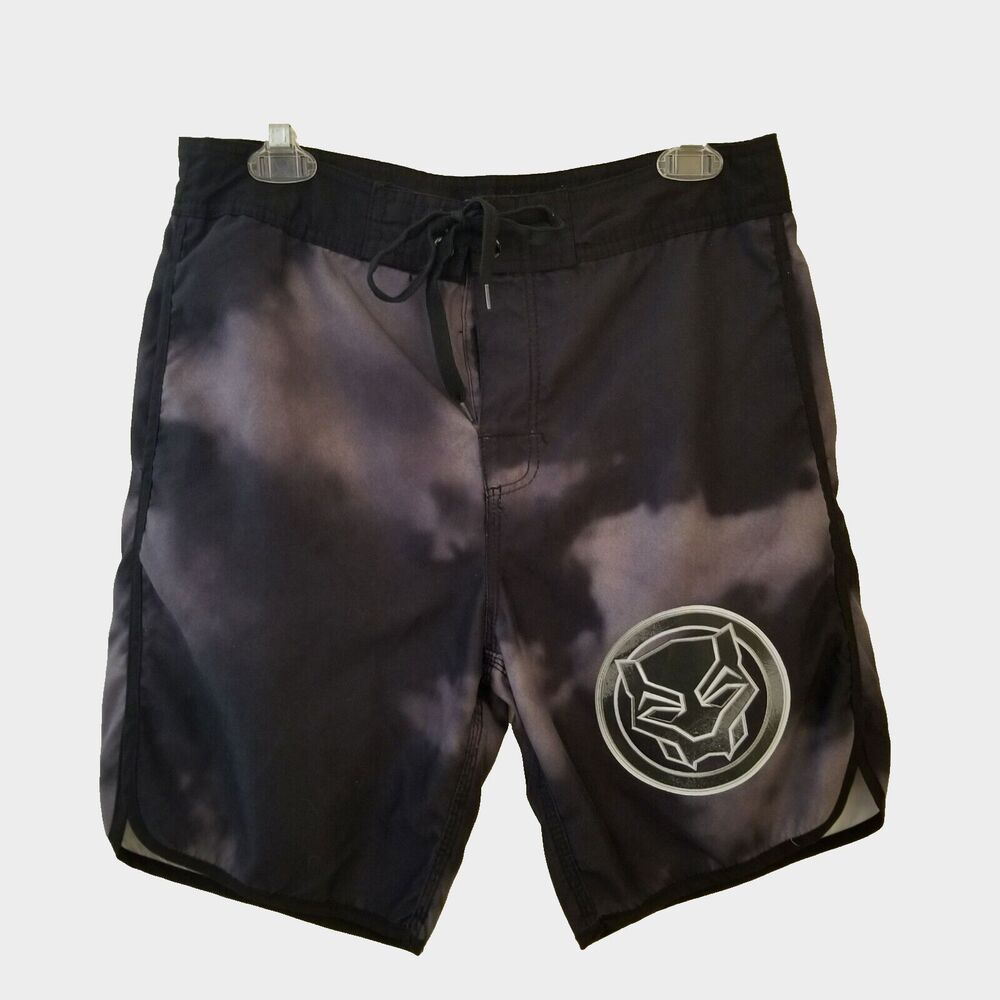 Marvel Black Panther Board Shorts Mens Small Black Gray w/logo Pockets 32x8.5